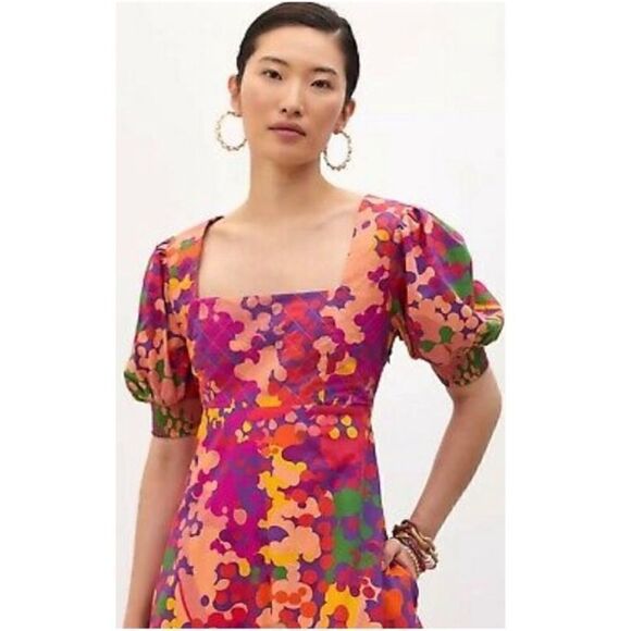 Anthropologie Roopa Pemmaraju Puff Sleeve Square Neck Floral Midi Dress Size XS - Picture 2 of 6
